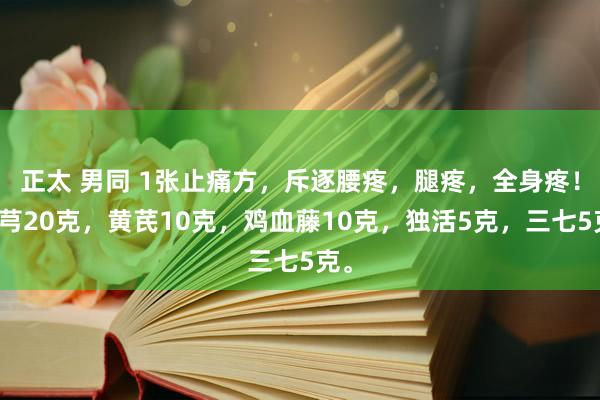 正太 男同 1张止痛方，斥逐腰疼，腿疼，全身疼！川芎20克，黄芪10克，鸡血藤10克，独活5克，三七5克。